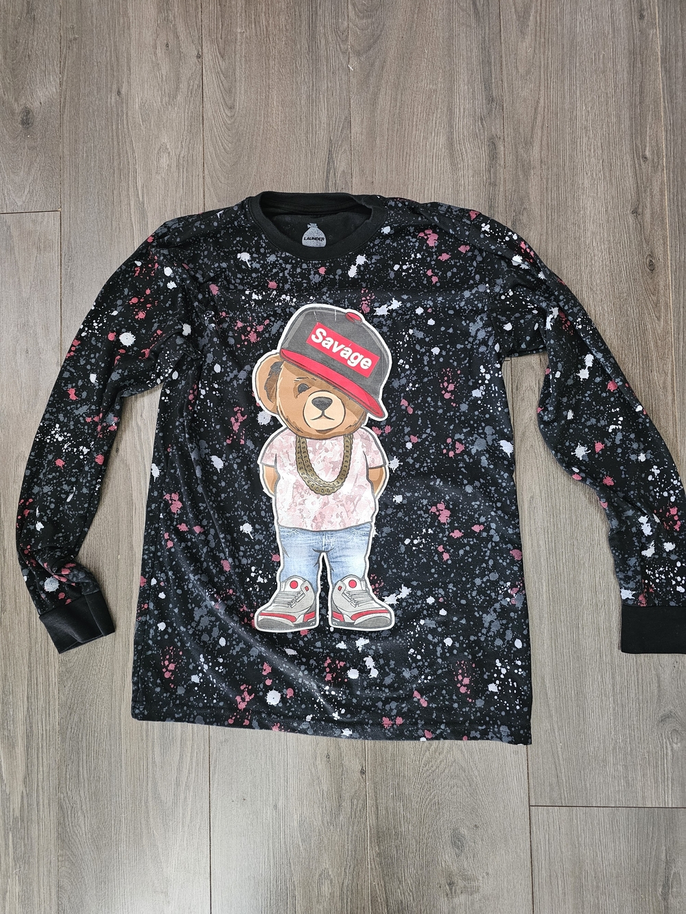 Launder -Savage Bear Graphic Long Sleeve Tee - Black with Red & White Splatter